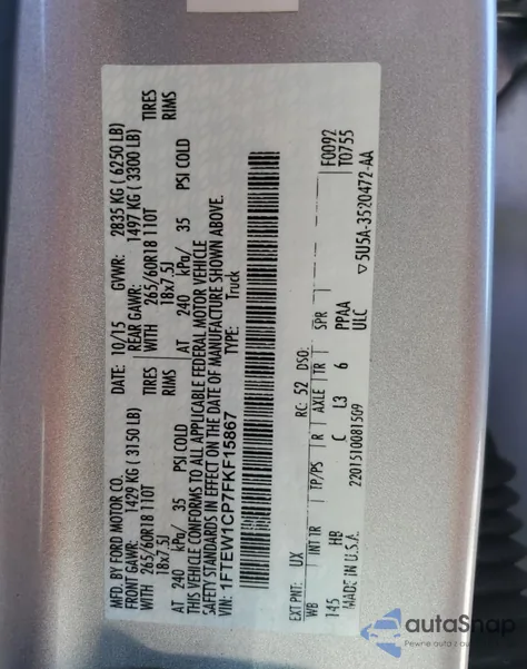 2015 Ford F150 Supercrew z USA, uszkodzony, nr VIN 1FTEW1CP7FKF15867